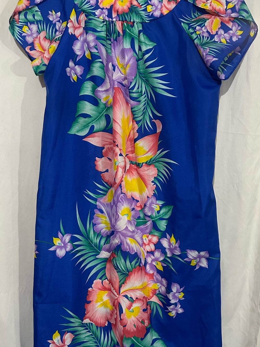 Vintage Royal Creations Hawaii Muumuu Dress Medium M Blue Floral Orchid Tropical
